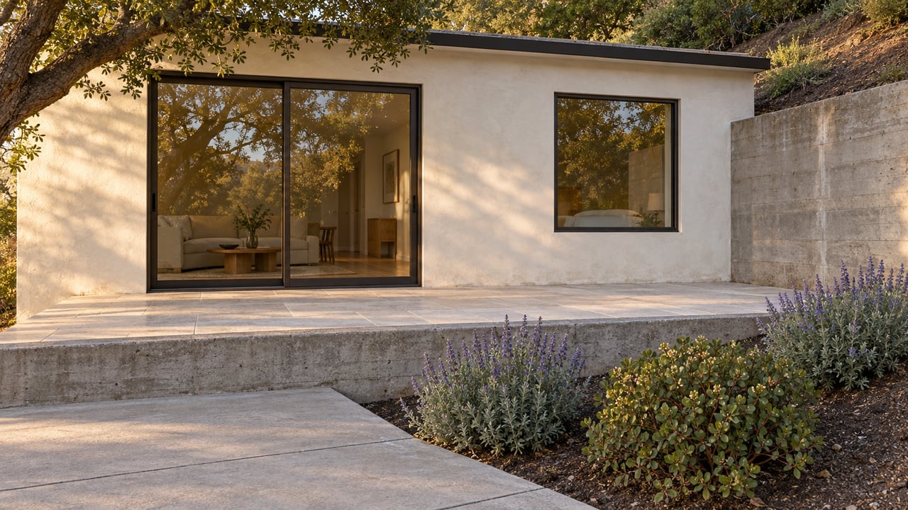 Compact hillside dwelling with off-white plaster facade, raised limestone patio, and sculptural drought-tolerant planting.