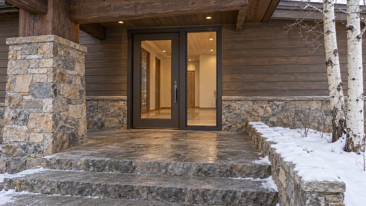 Snow-edged stone steps lead to a glazed entry beneath heavy timber eaves, with warm interior light and two white-barked aspen trunks beside the landing.