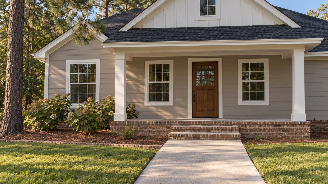 A concrete walk leads to a covered brick-based porch on a taupe gabled home, framed by a pine tree and oakleaf hydrangeas.