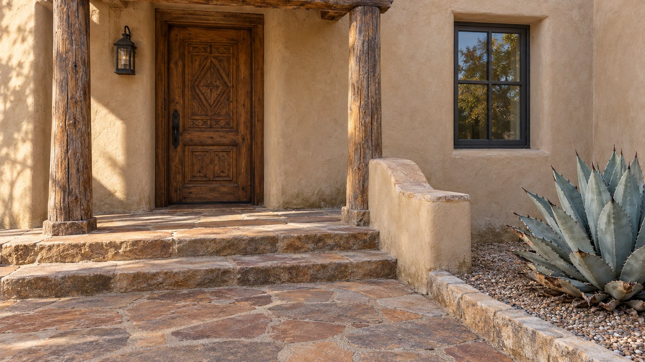 Sand-colored plaster home entry with a carved timber door, deep-set window, weathered portal posts and stone steps beside a blue-gray agave.