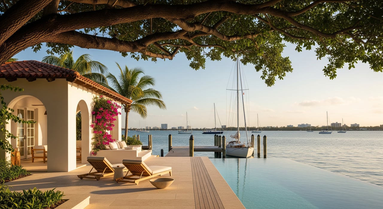 Waterfront villa patio shaded by a sprawling tree, with lounge chairs, a sailboat, and distant city skyline.