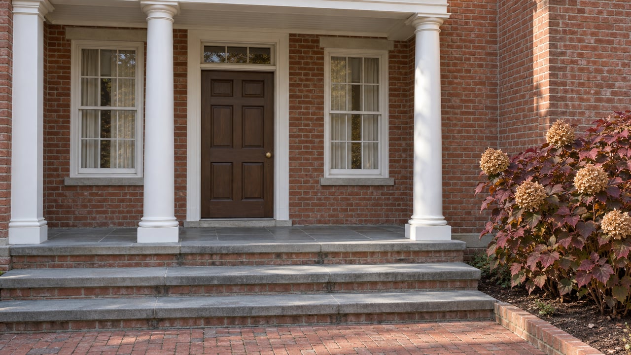 Autumn sunlight on a brick home's white-columned porch, brown paneled door and weathered bluestone steps beside burgundy oakleaf hydrangea.