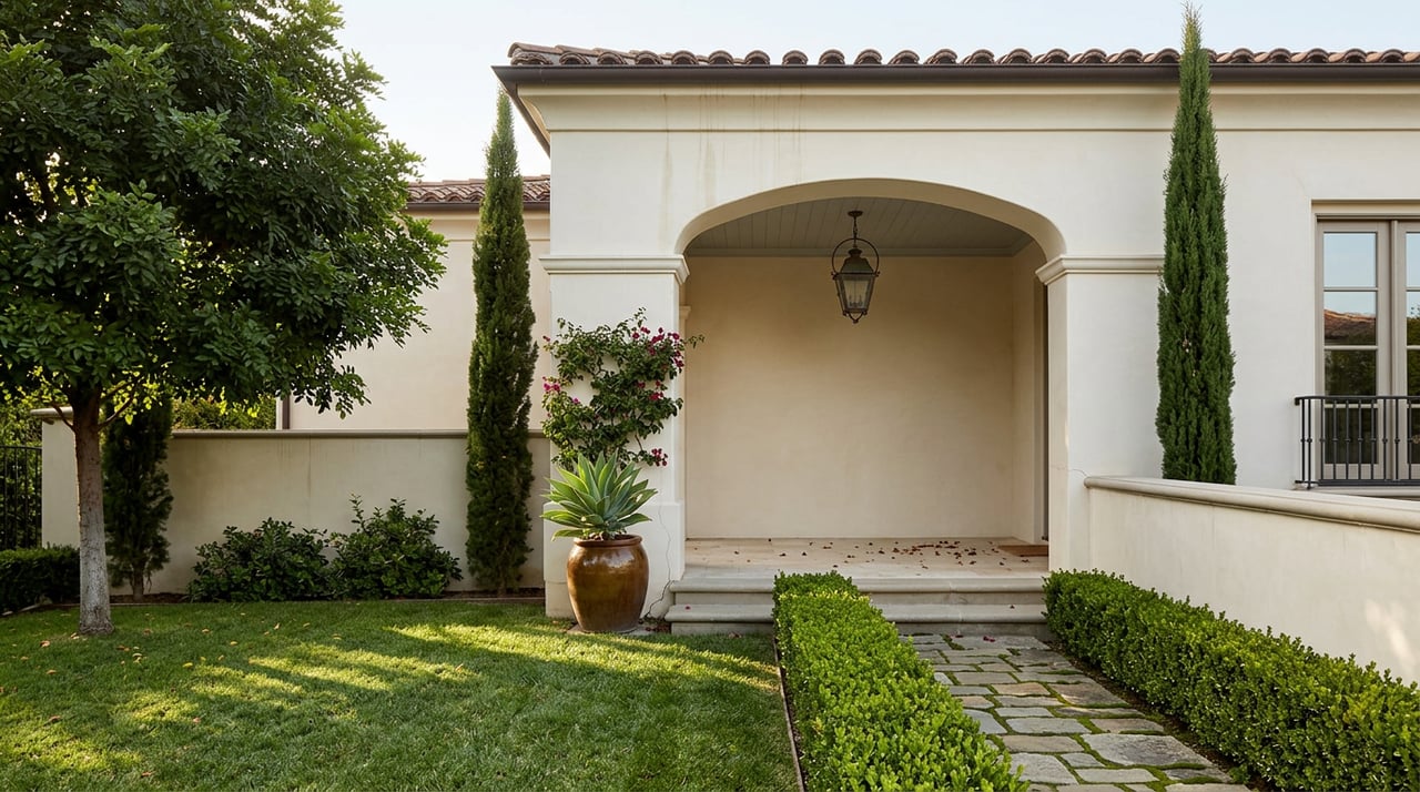 Ivory stucco home with an arched porch, terracotta agave pot, cypress trees, and a stone walkway.