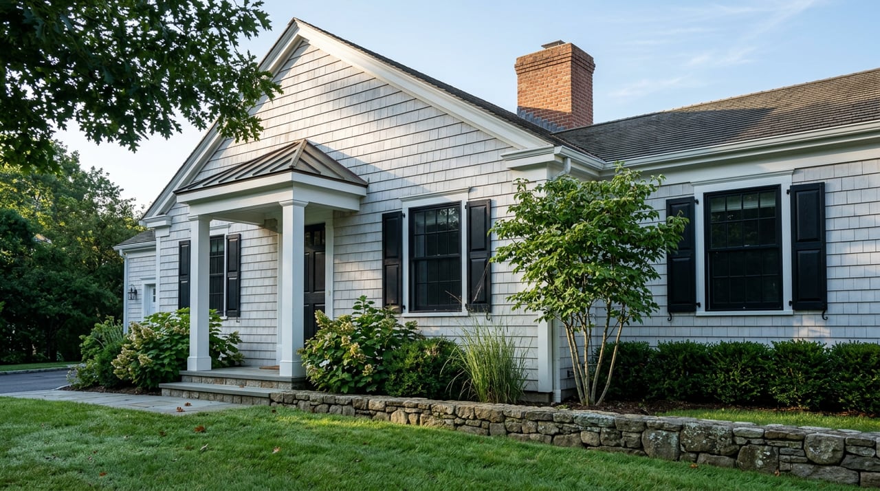 Shingle-style Cape house with copper portico roof, black shutters, stone wall, and deep lawn.