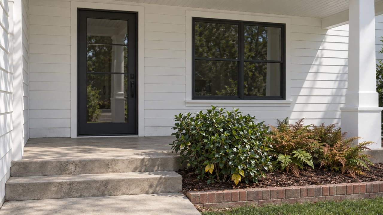 White clapboard home with dark-framed glazed entry, concrete porch steps and gardenia and fern planting.
