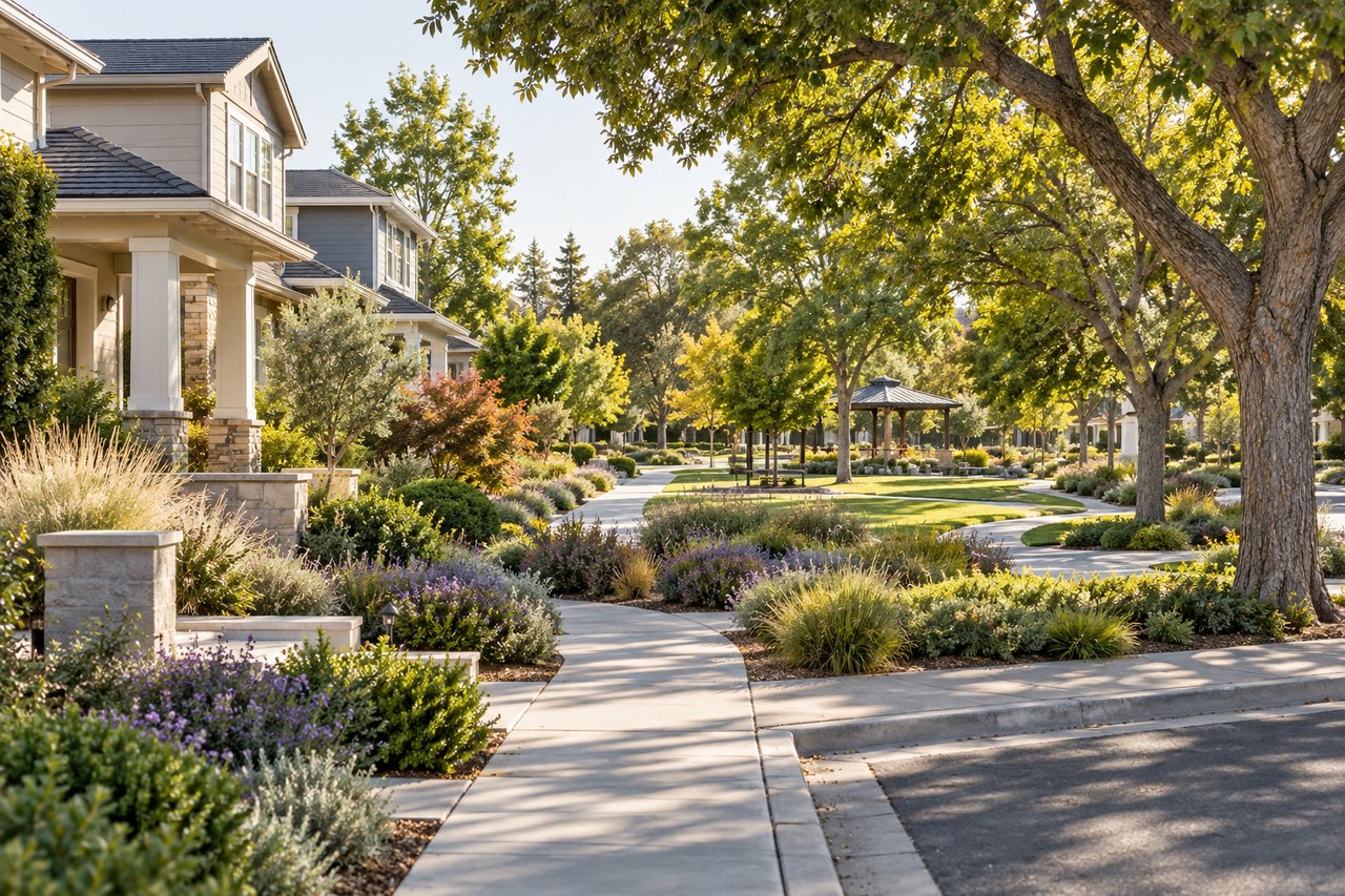 Tree-lined neighborhood sidewalk passes landscaped homes and a small park pavilion in warm autumn sunlight.
