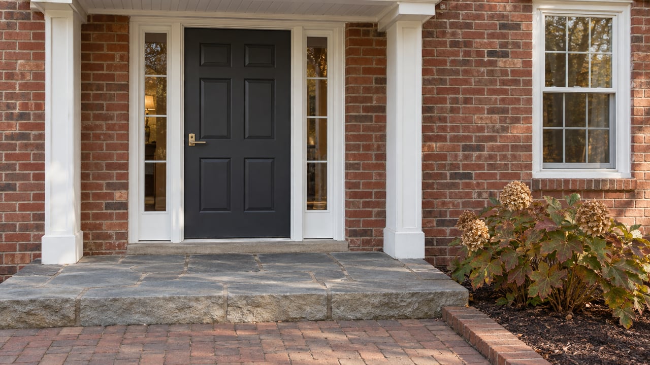 Brick home entry with a charcoal door, paired glass sidelights, a stone landing and autumn oakleaf hydrangea.