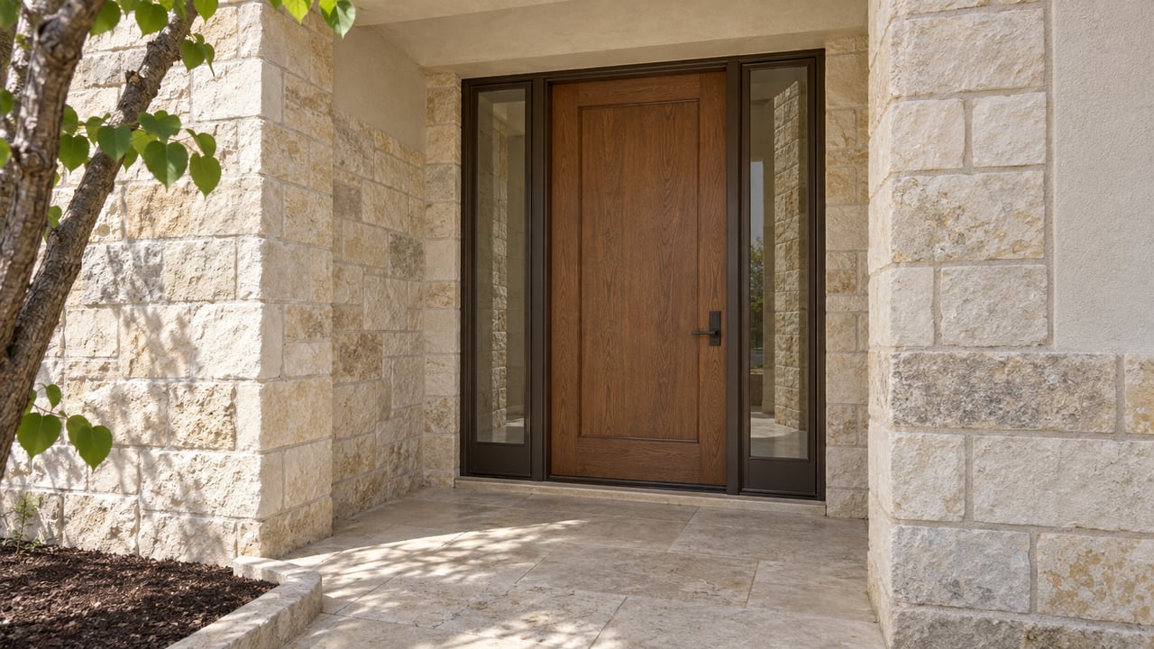 Covered limestone entry with a warm oak door, paired narrow sidelights and sunlit stone paving beside a redbud planting bed.