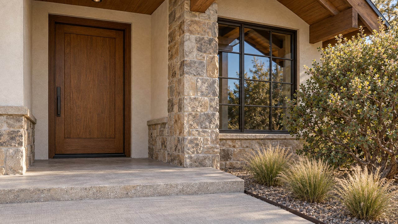 House entry with a stained-oak door, gridded bronze window, stone pier, and concrete approach.