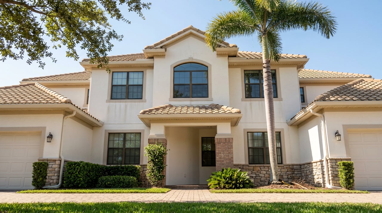Two-story stucco home with a barrel-tile roof, arched window, stone wainscot, brick entry piers, and royal palm.