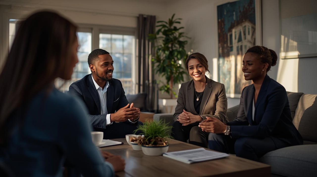 Businesspeople meet in a living room around a coffee table with papers and a plant.