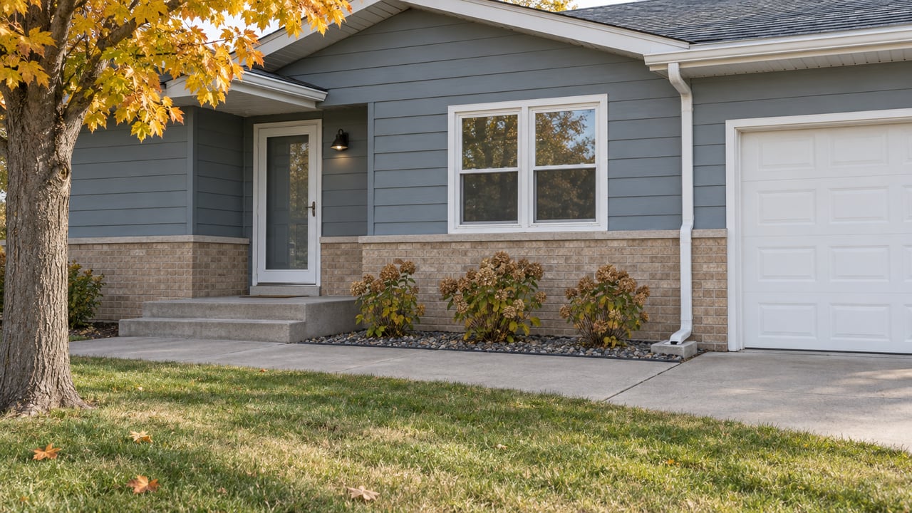 Autumn daylight on a blue-gray split-level home's brick entry, concrete approach and hydrangea bed beneath a yellow-orange maple.