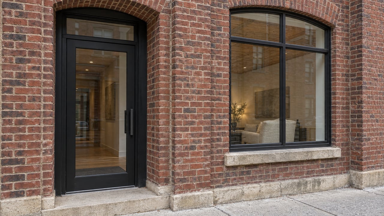 Renovated red-brick residential entrance with black-framed glazing, limestone thresholds and a weathered concrete sidewalk.