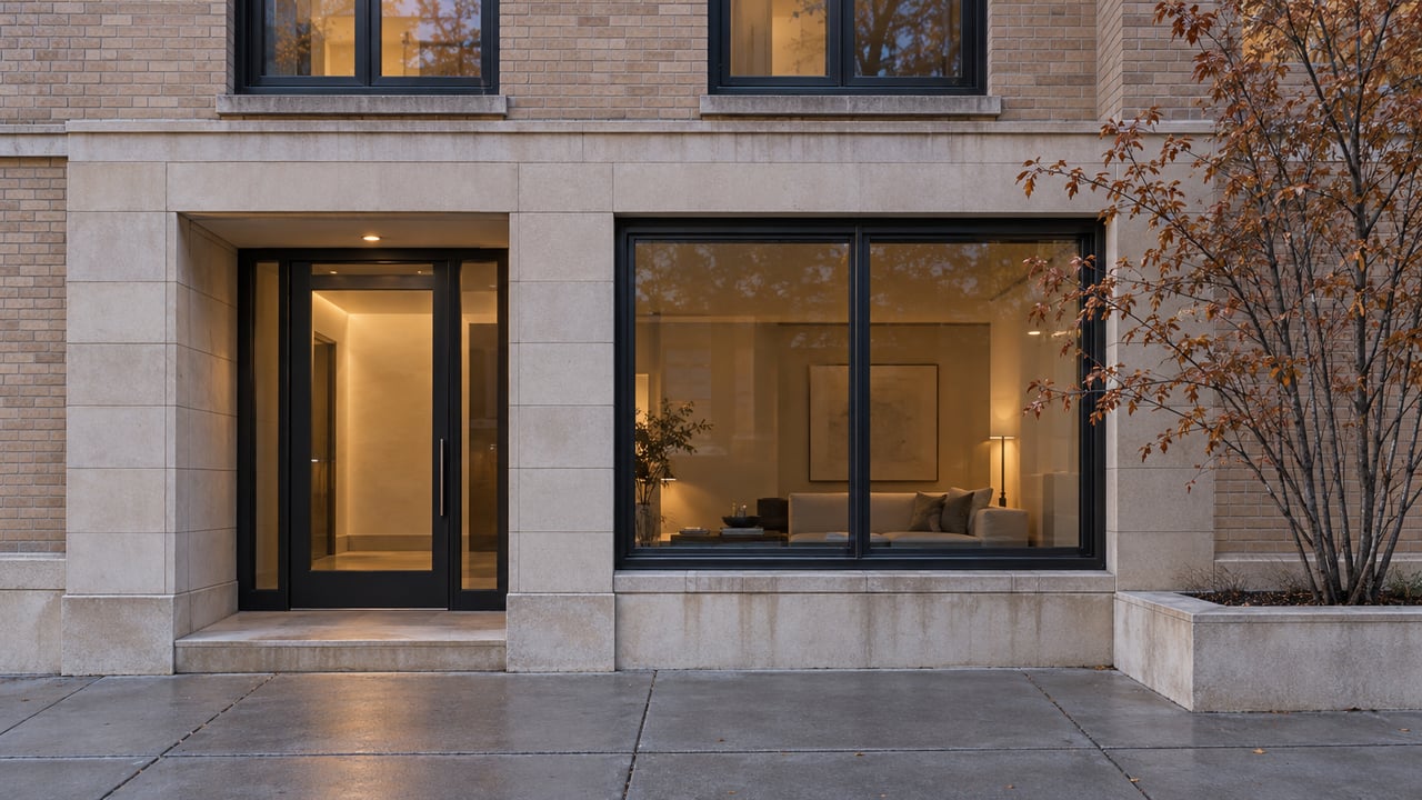 Recessed glazed residential entrance beside a wide window in a buff-brick building, with a small tree in a planter.