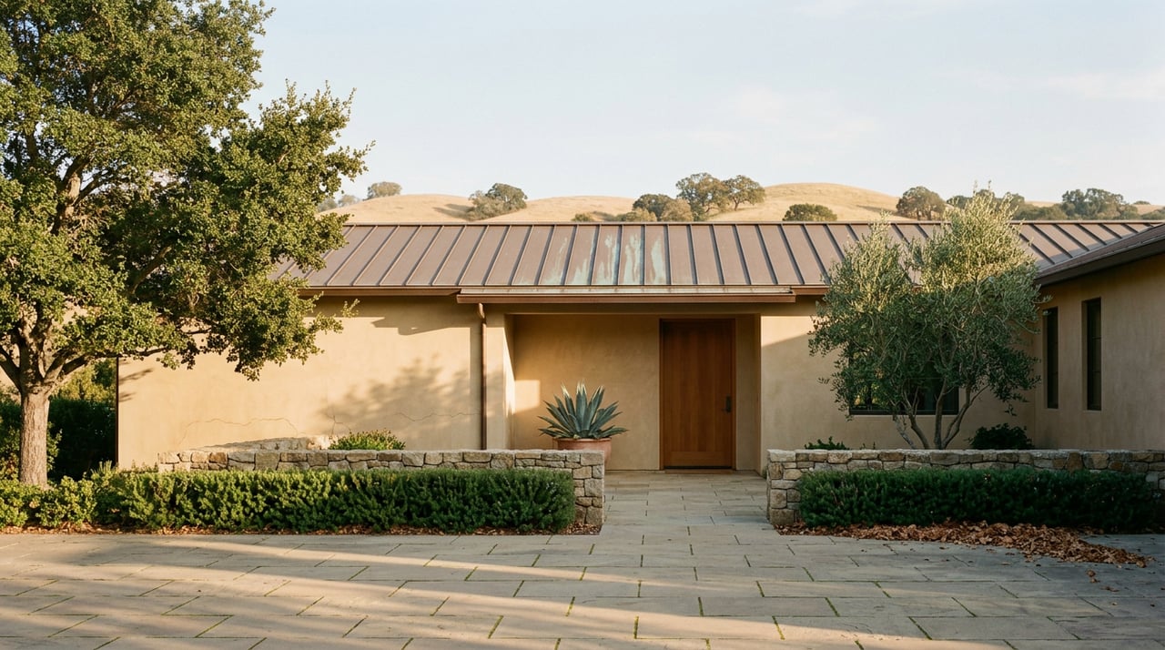 Single-story stucco home with a teak-toned entry, oak canopy, olive tree, and golden hills beyond.