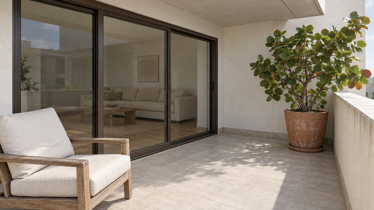 Sunlit condominium terrace with bronze-framed glass doors, pale tile, a teak chair and a potted sea grape tree.