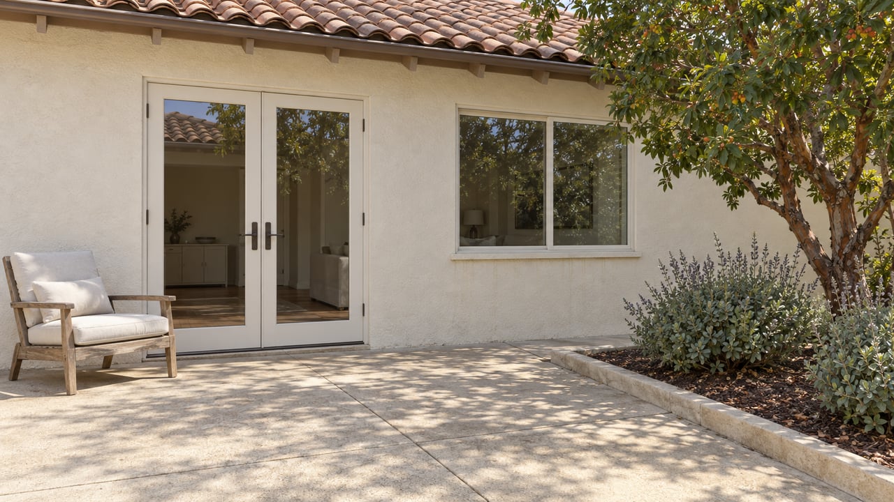 Cream stucco home with French doors, a clay tile roof, and a teak chair on a sunlit concrete patio beside a strawberry tree and Cleveland sage.