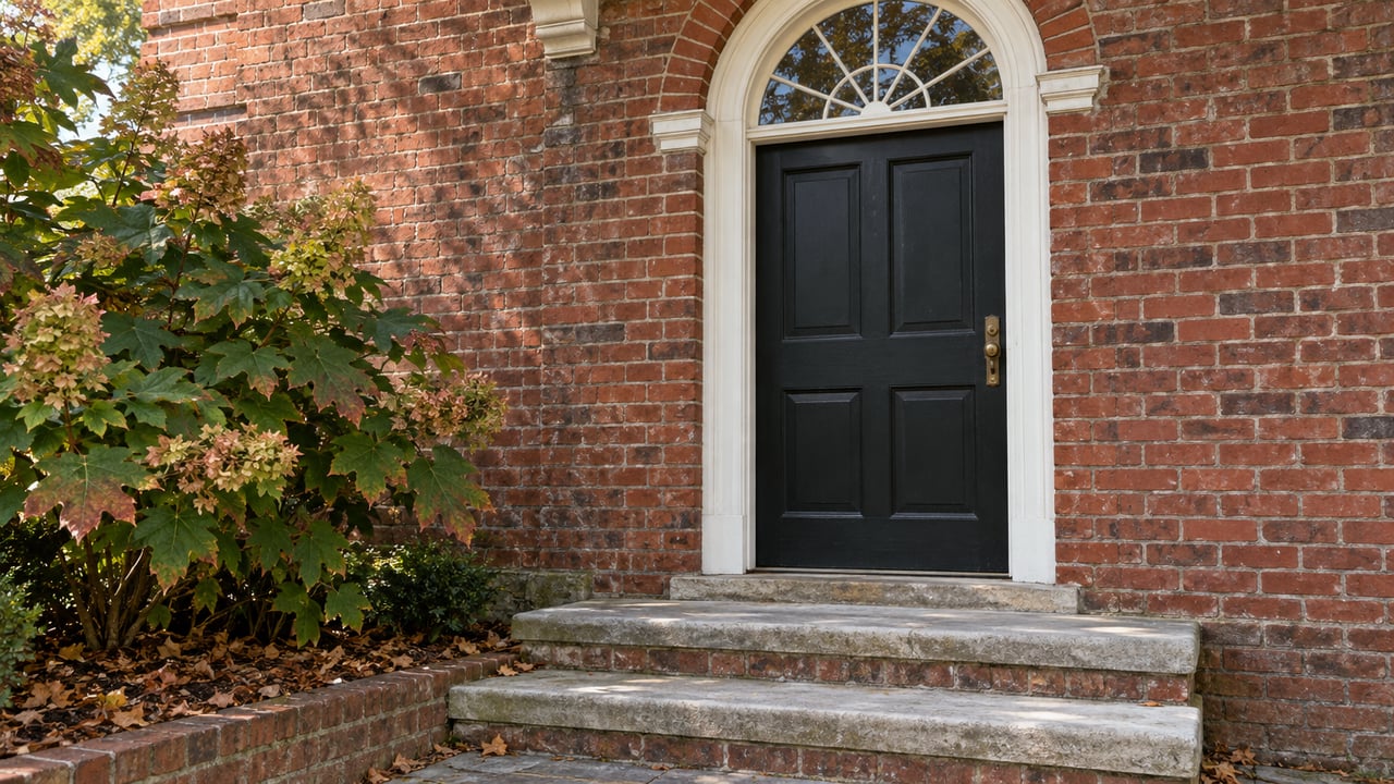 Black paneled door beneath an arched transom, framed by weathered red brick and limestone steps.