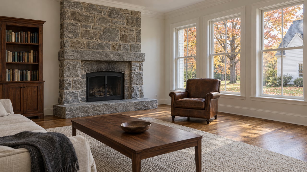 An autumn-lit living room with white plaster walls, a granite fireplace, oak floors and a leather chair beside tall windows.