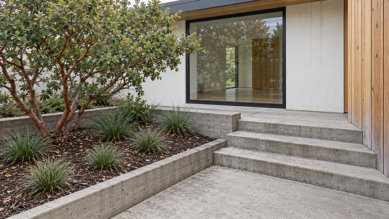 Contemporary home with weathered cedar siding, white stucco and black-framed glazing beside broad concrete steps and a planted manzanita court.