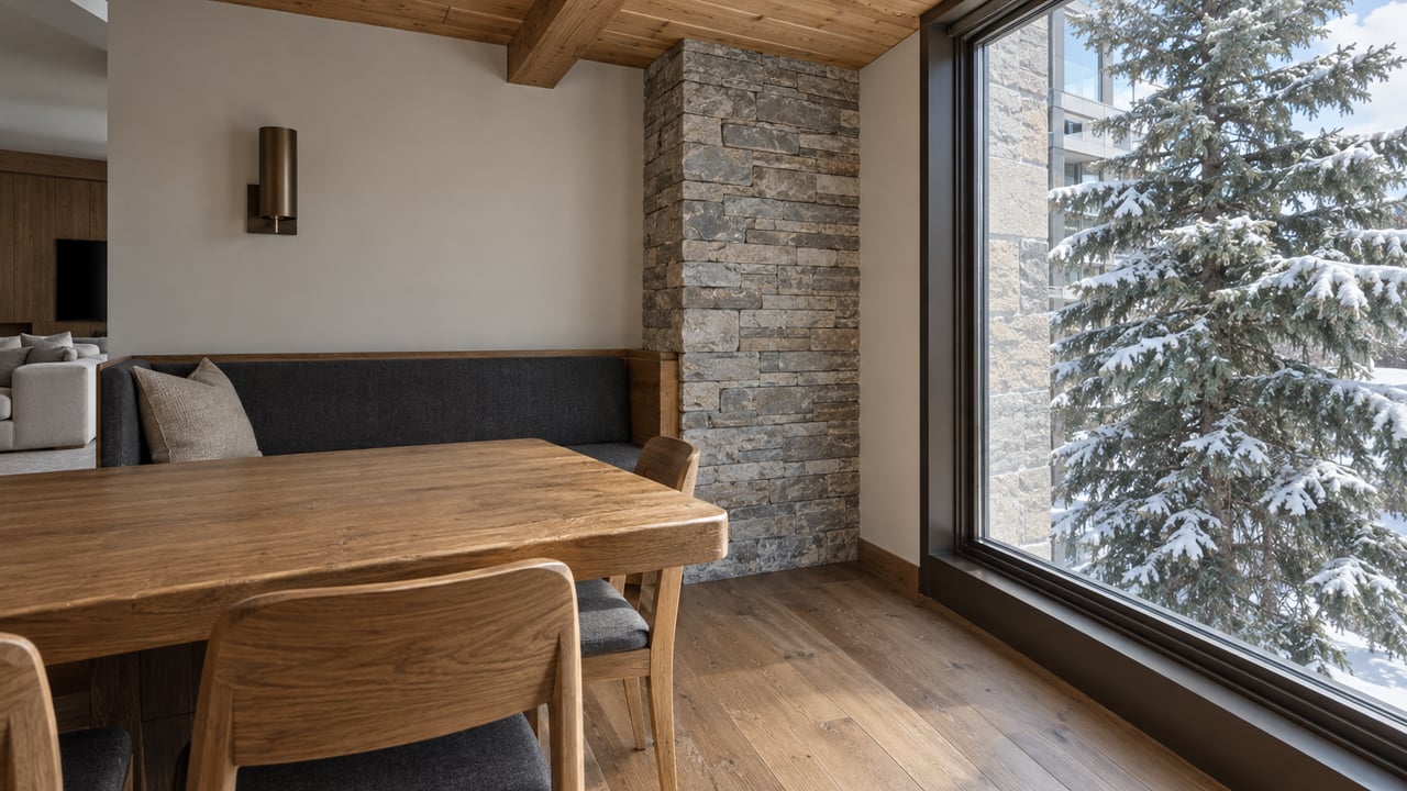Oak dining nook with a built-in banquette, stone wall, and snow-dusted spruce beyond a sealed window.