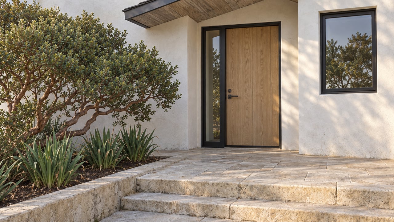 Pale stucco cottage entrance with an oak door, black-framed window, limestone steps and sculptural manzanita beside the approach.