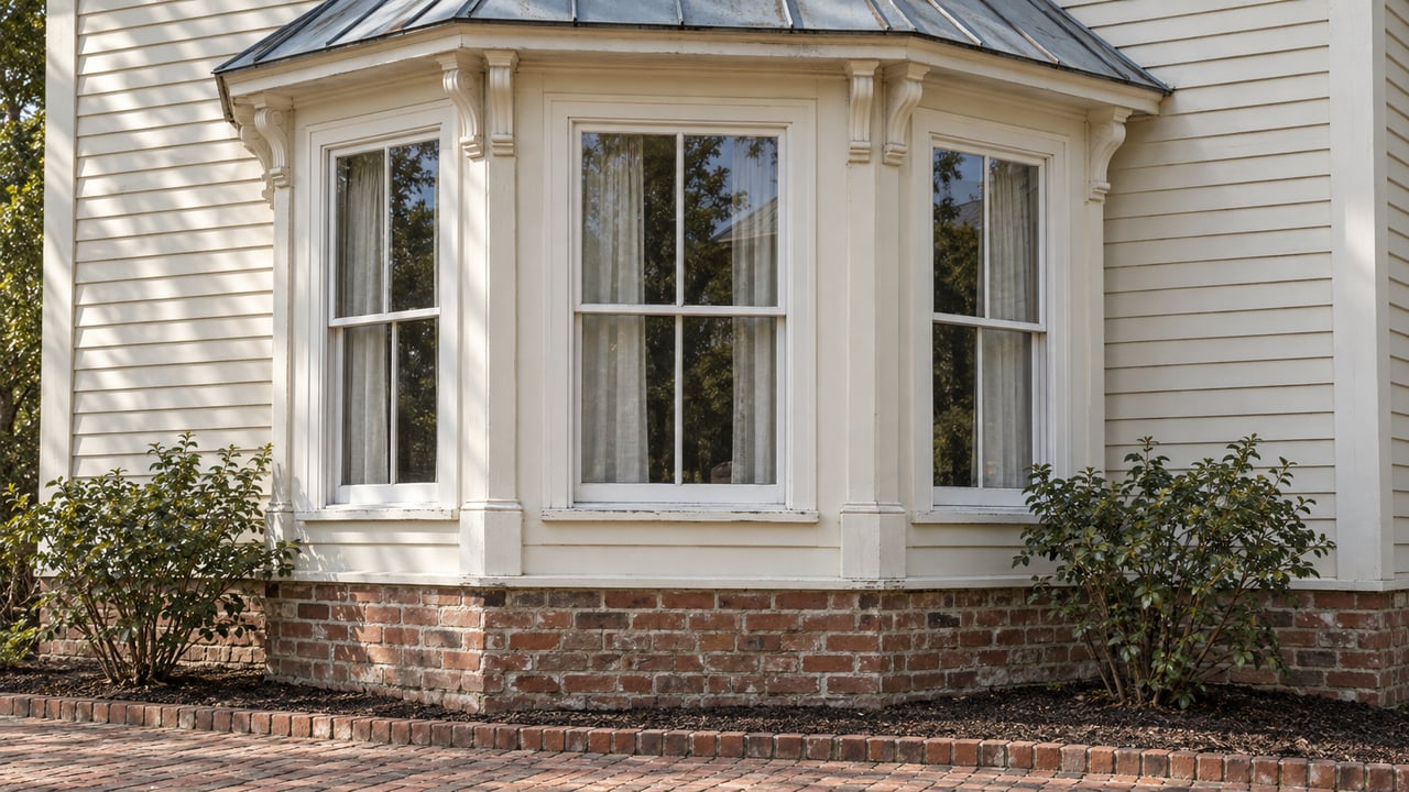 Sunlight across an ivory clapboard bay window with carved brackets, tall sash windows, and a weathered brick foundation above two rose shrubs.