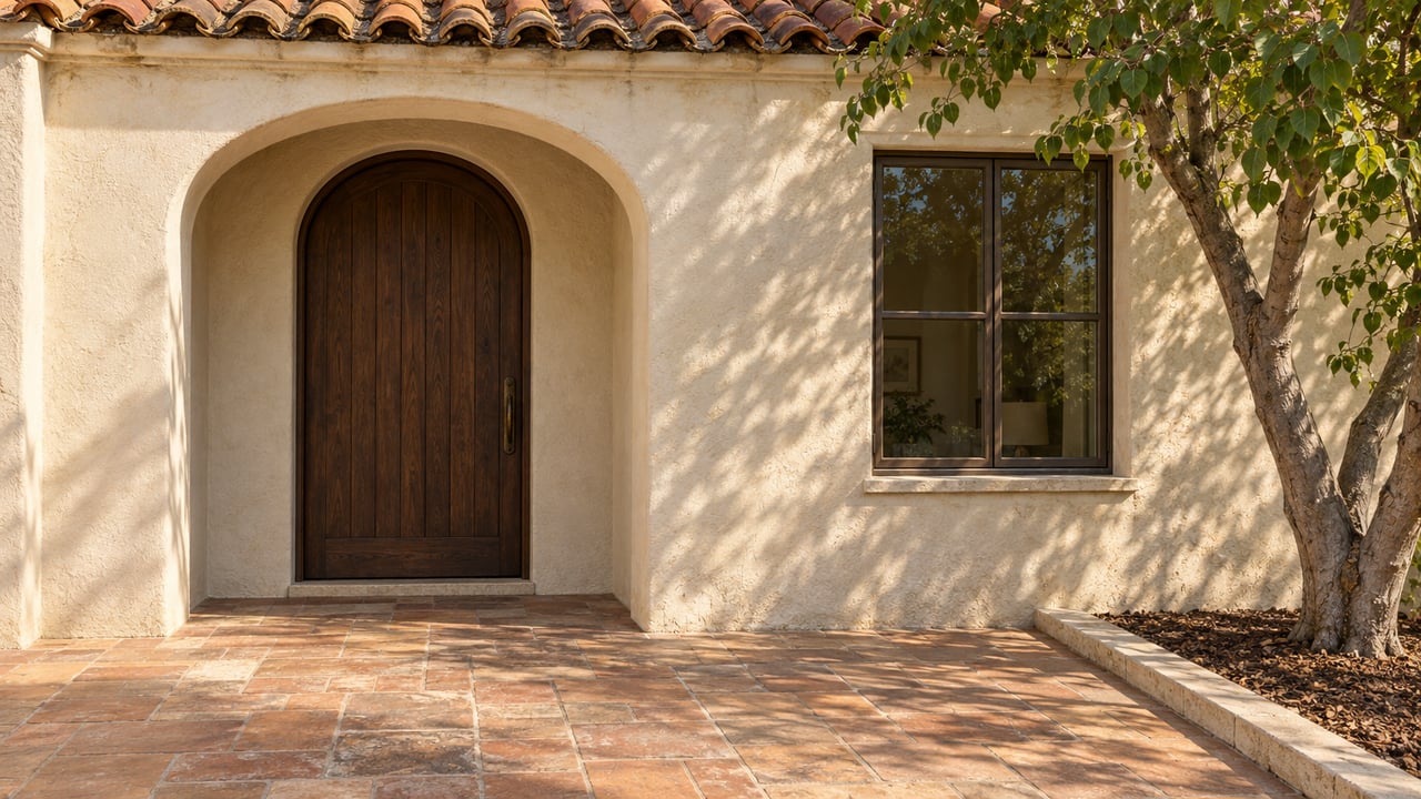 Warm sunlight falls across an ivory plaster entry, a dark oak door, clay roof tiles and a terracotta landing beside a western redbud.