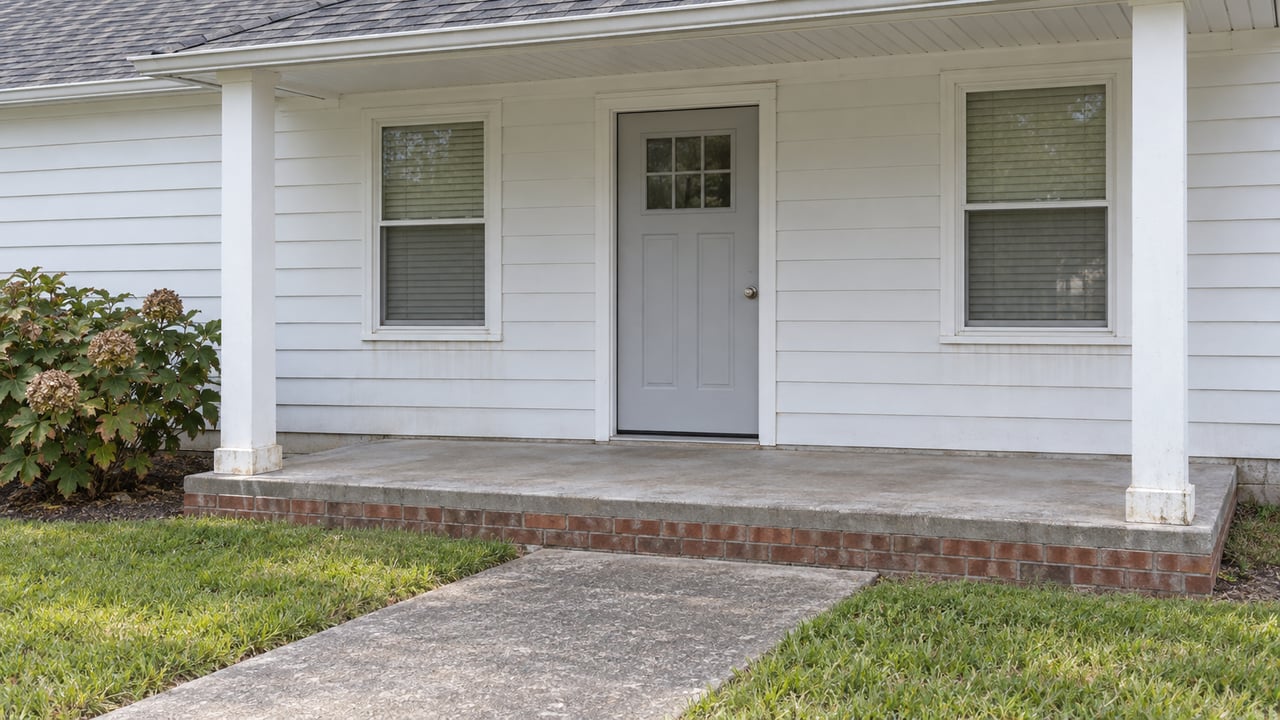 Modest white-sided home with a small covered porch, two windows and a worn concrete approach bordered by lawn.
