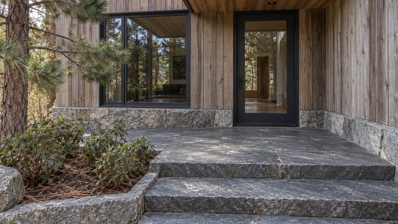 Cedar-clad home entrance with a glazed door, granite foundation, quartzite steps, and red-stemmed shrubs beside a pine.