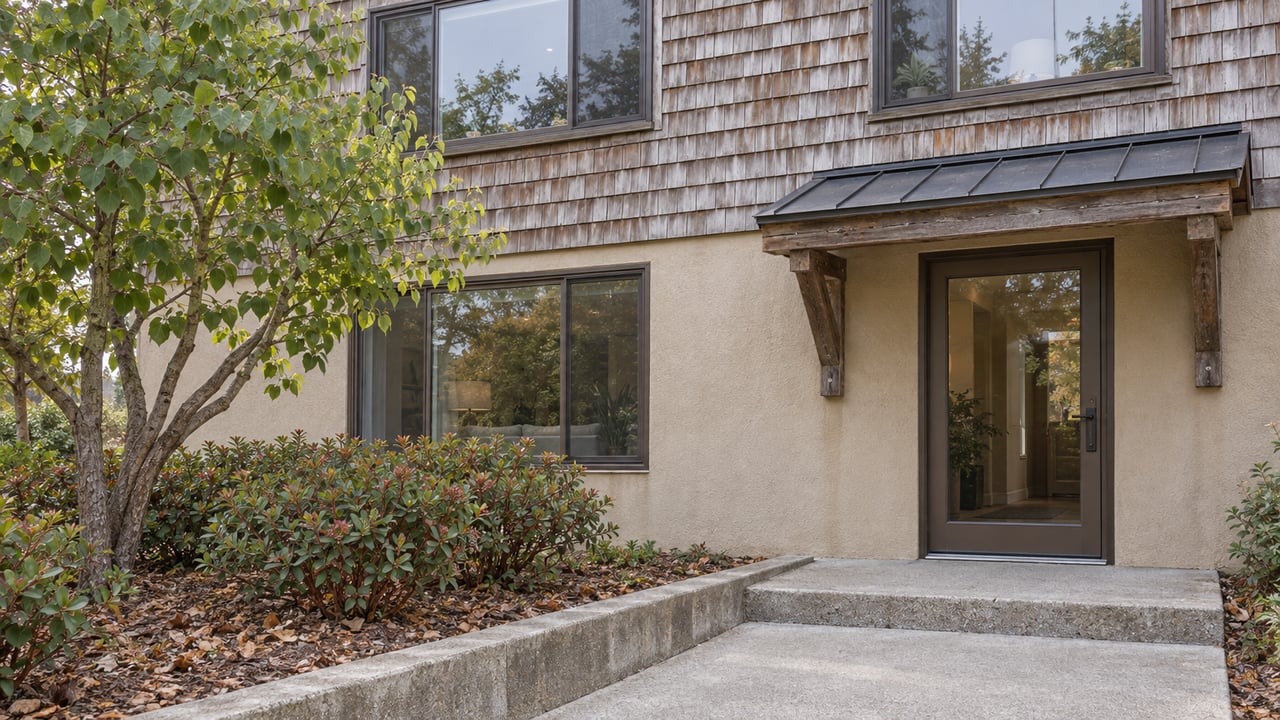 Close view of a two-story apartment entrance with weathered cedar shingles, sand-colored stucco, bronze-framed windows, and a concrete walk beside a raised planted bed.