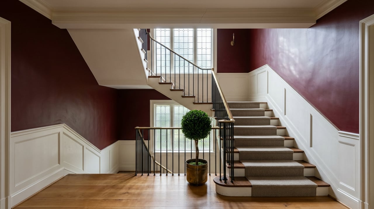 Walnut staircase with iron balusters rises to a diamond-pane window above an oxblood wall; a boxwood topiary stands by the newel.
