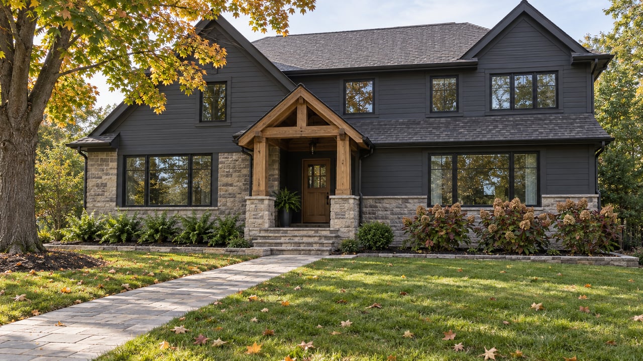 Dark-sided gabled home with limestone details and a timber entry beyond a deep autumn lawn and stone approach.