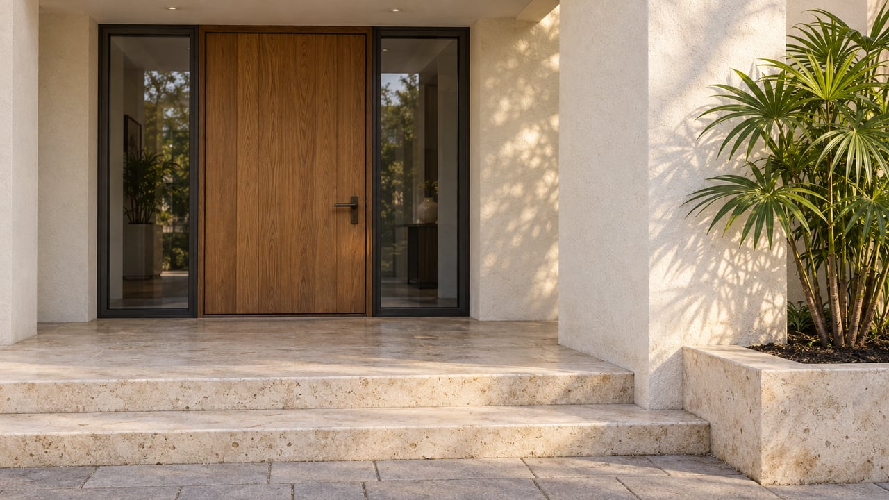 Recessed oak entry door with matching glass sidelights, pale limestone steps and a fan palm beside an ivory stucco pier.
