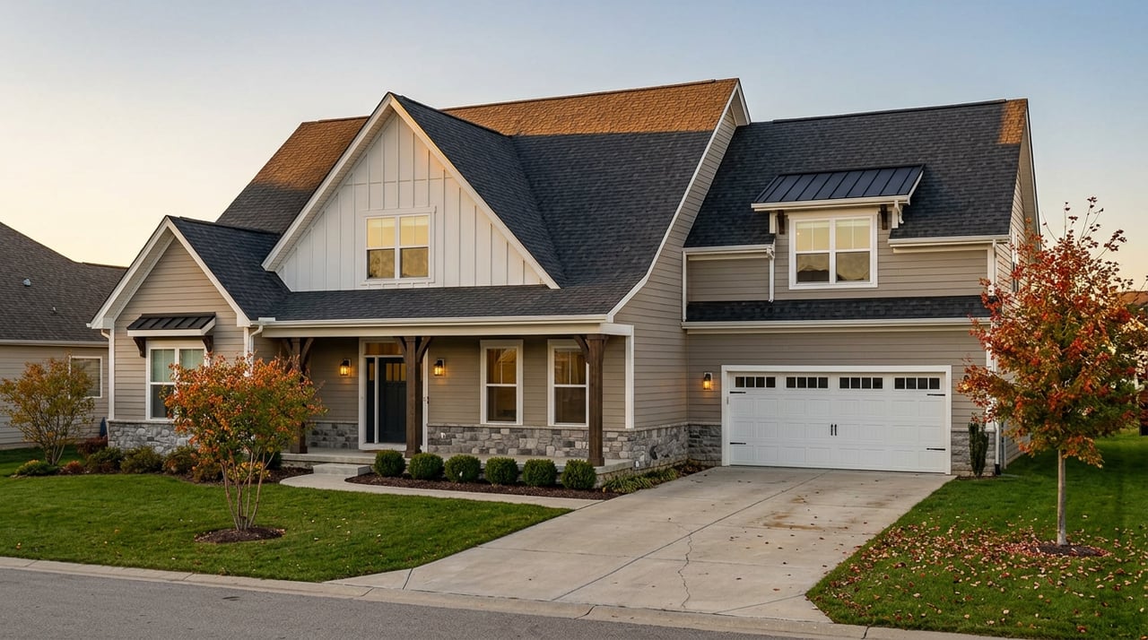 Two-story greige home with a stone base, covered porch, garage, and autumn trees beside a broad lawn and driveway.