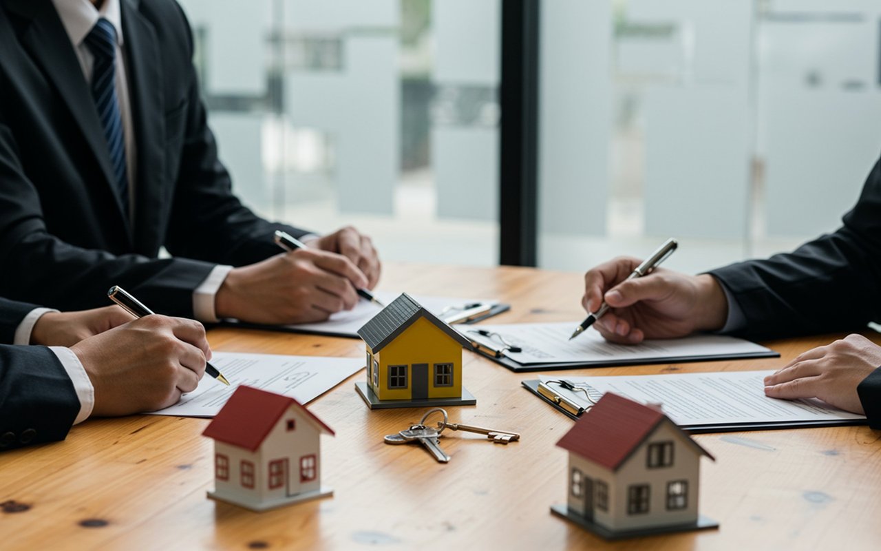 People sign real estate documents beside model homes and keys.