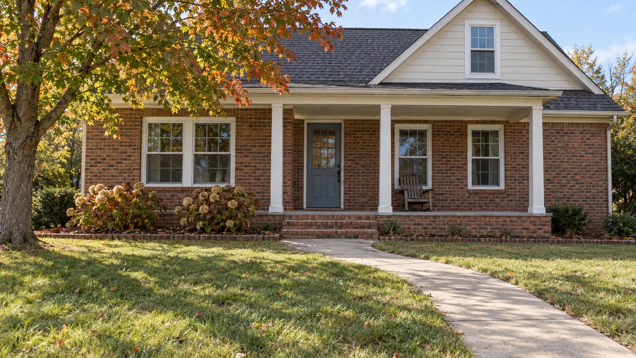Red-brown brick home with cream gable siding, a covered front porch, a curving concrete walk, and an autumn red maple beside a broad lawn.