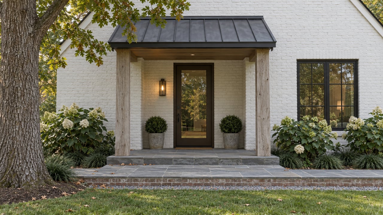 White-brick house entrance with a dark glazed door, oak posts, bluestone steps, and shrubs.