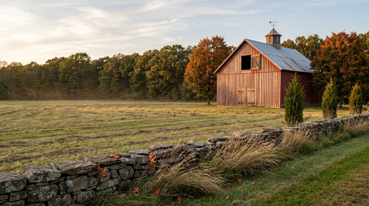 A faded red barn with a cupola stands beyond a cut hayfield and low stone wall, framed by autumn trees.