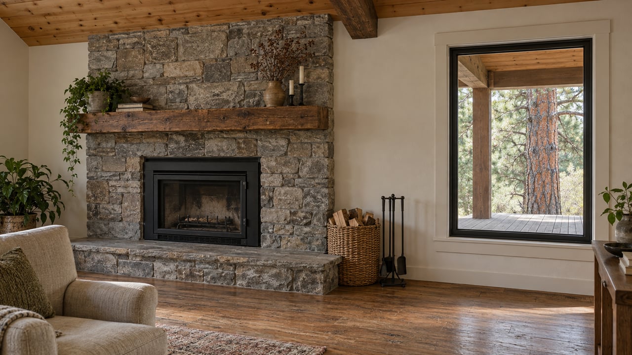 Timber-ceiling living room with a gray stone fireplace, worn oak flooring and a closed window overlooking a covered wooden porch and ponderosa pine.