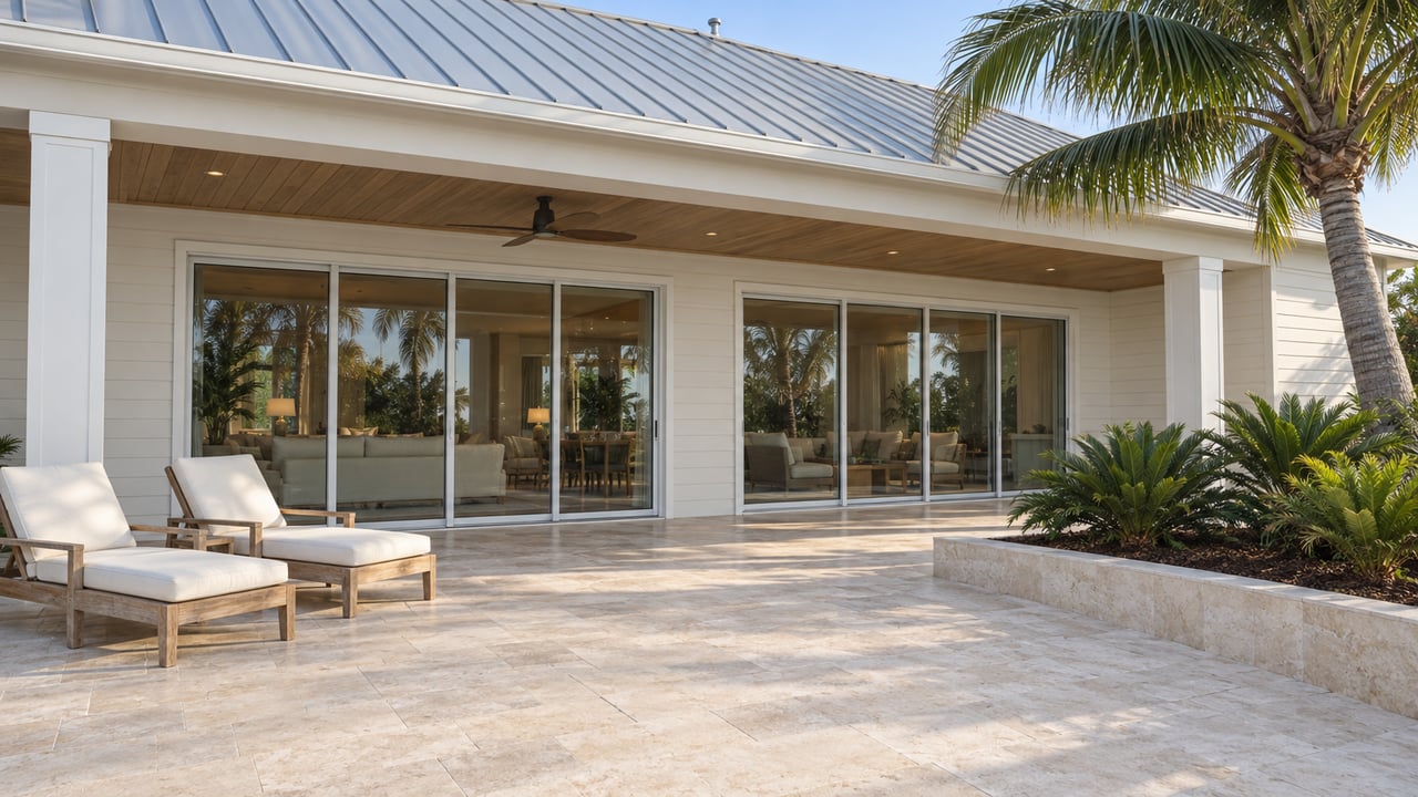 Sunlit ivory-sided home with closed glass doors, a limestone terrace, two teak loungers and a curved coconut palm.