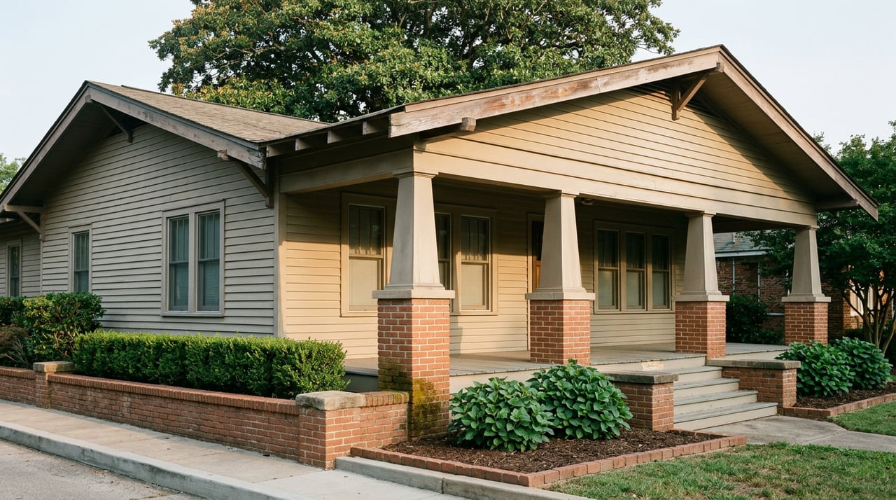 Craftsman bungalow with a deep columned porch, brick retaining wall, clipped hedge, and magnolia canopy.
