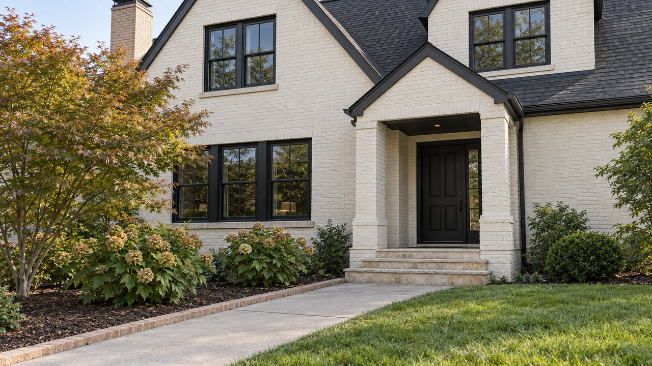 Two-story warm-white brick home with steep charcoal gables, black-framed windows and a recessed black entry door, seen across a concrete walk and curated planting.