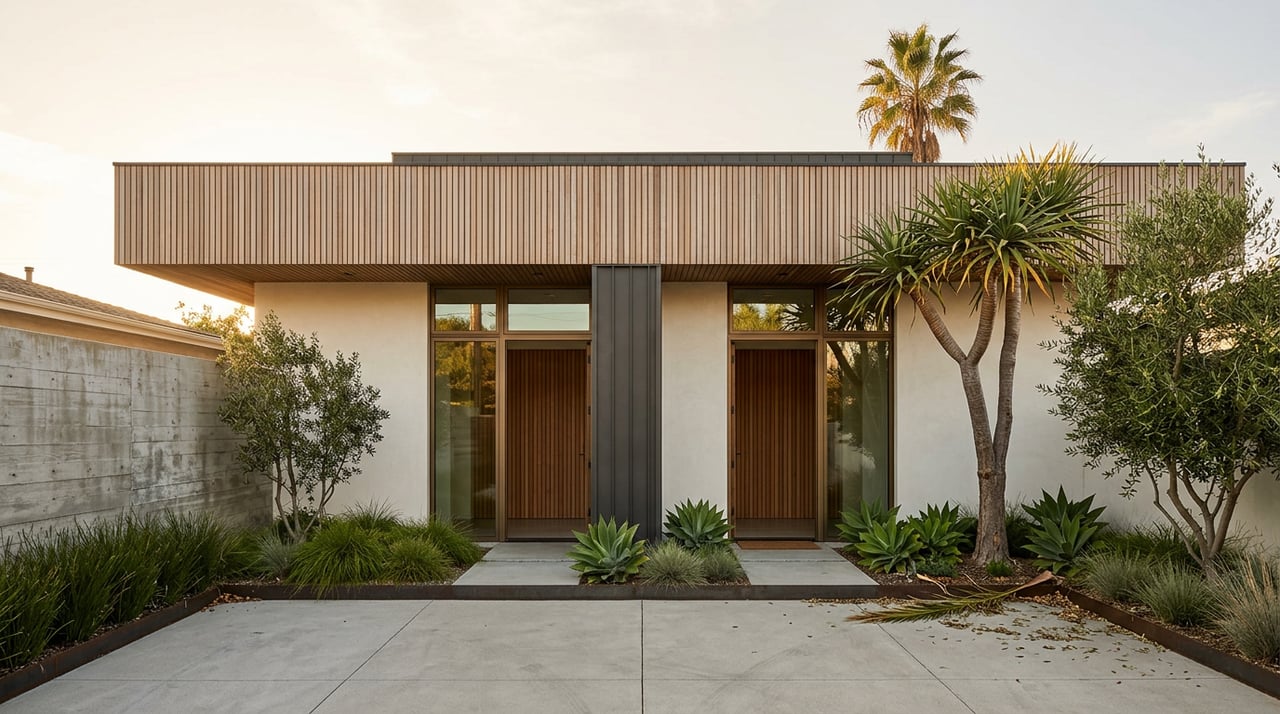 Two-story stucco residential building with twin recessed entries, cedar cladding, concrete pavers, and a palm at the roofline.