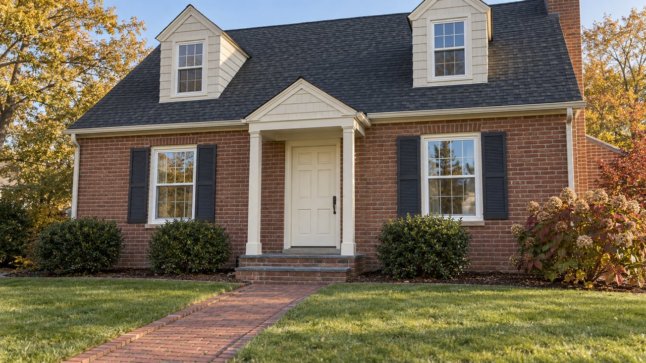 A compact brick home with cream dormers, paired shuttered windows and a worn brick walk across an autumn lawn.