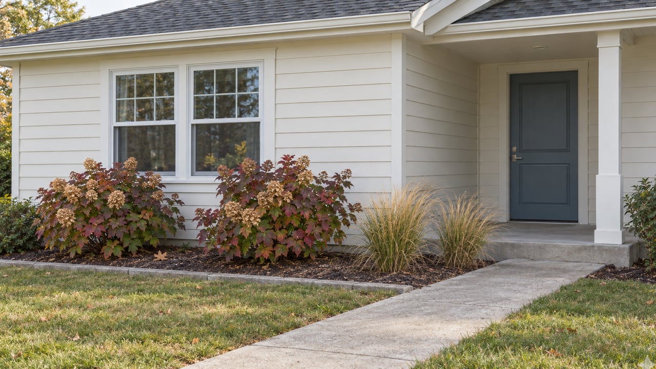 White-sided home entrance with dark blue door, front windows, autumn shrubs, and a concrete walkway.