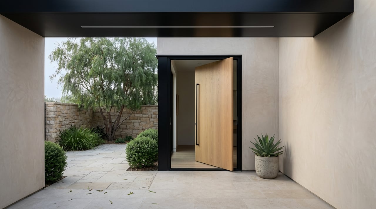 Oak pivot door opens from a shaded stucco breezeway onto a limestone courtyard with a multi-trunk tree and clipped shrubs.