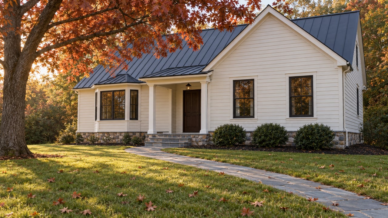 Cream-sided gabled house with a bluestone path, dark entry, and red autumn oak canopy.