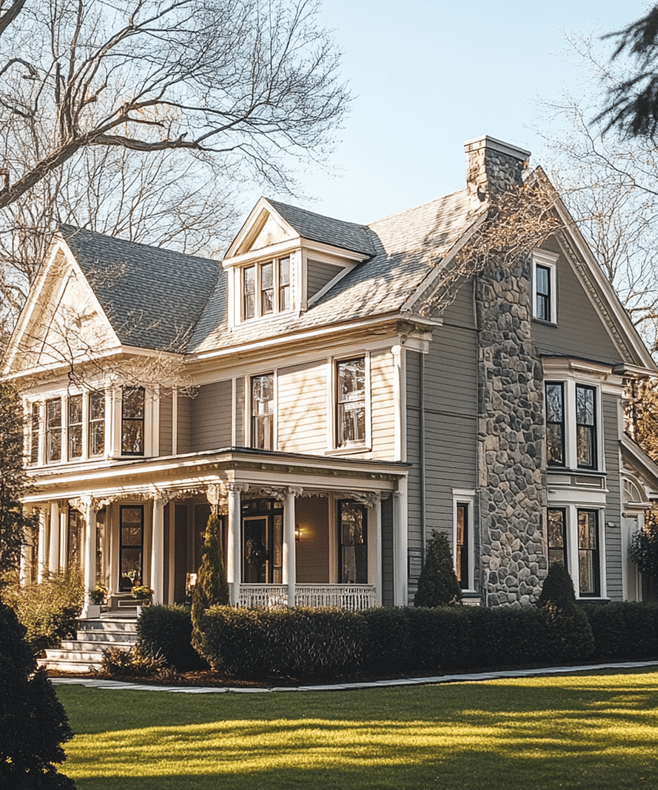 Two-story gray house with a stone chimney, covered porch, and broad lawn.