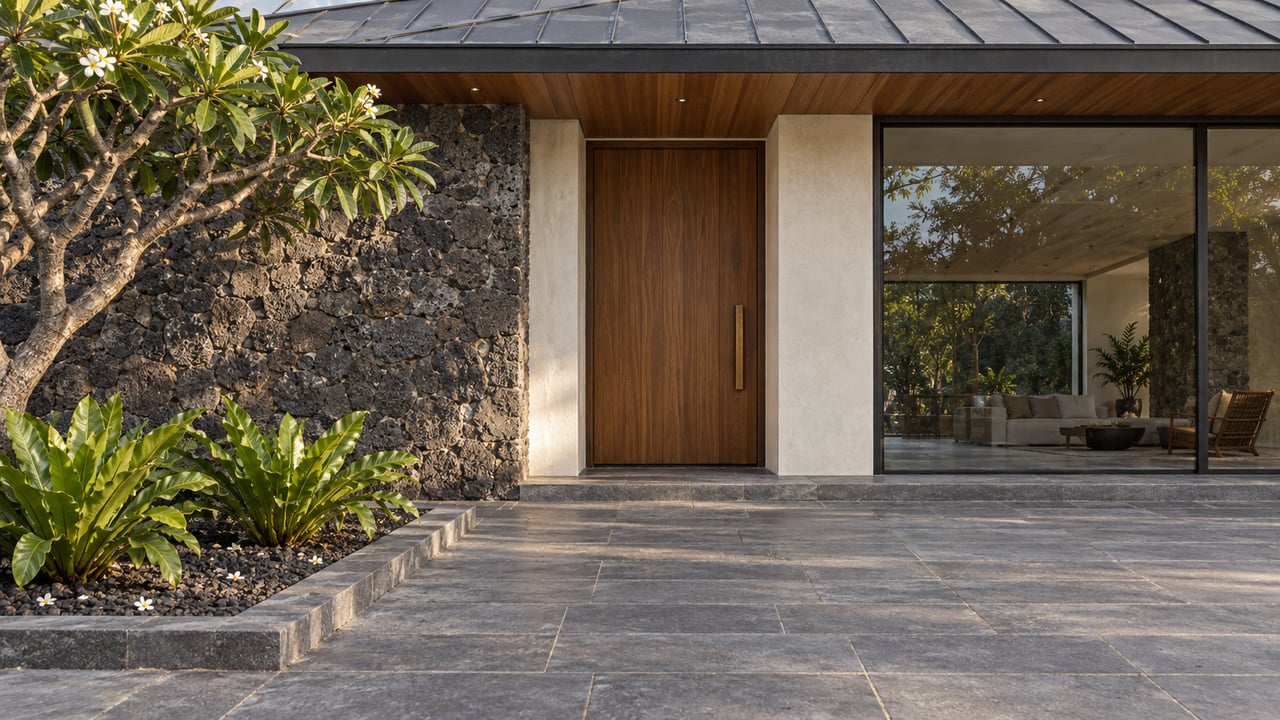 A shaded timber entry beneath broad wood-lined eaves, with a volcanic stone wall, basalt paving and a flowering plumeria in a raised-edge planting bed.